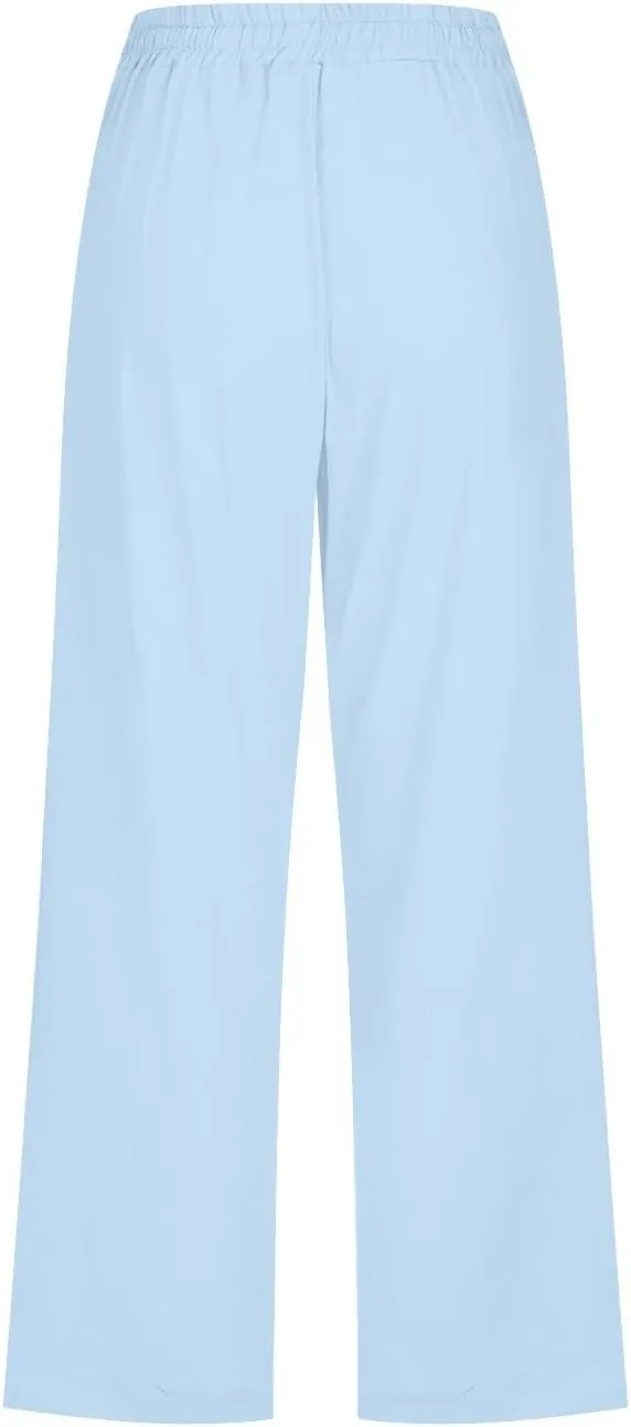 Capri Pants for Women 2024 Summer Casual Drawstring High Waist Linen Pants Straight Wide Leg Capris Cropped Trousers