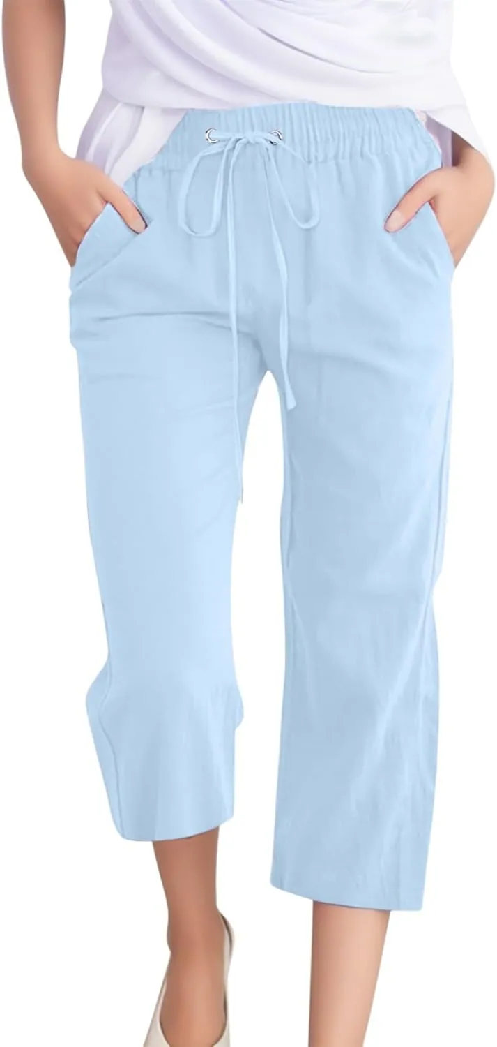 Capri Pants for Women 2024 Summer Casual Drawstring High Waist Linen Pants Straight Wide Leg Capris Cropped Trousers