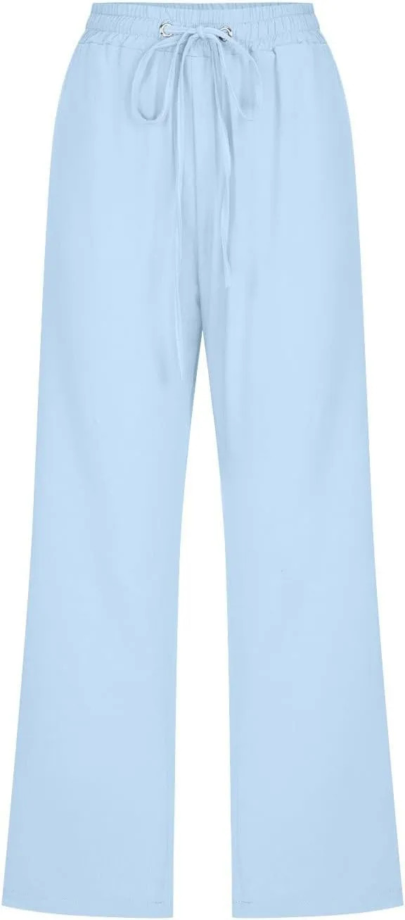 Capri Pants for Women 2024 Summer Casual Drawstring High Waist Linen Pants Straight Wide Leg Capris Cropped Trousers