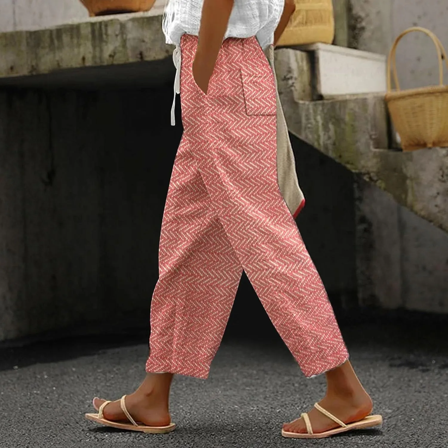 Capri Pants for Women 2025 Elastic Waist Linen with Pockets Cropped Wide-Leg Trousers Casual Beach Summer