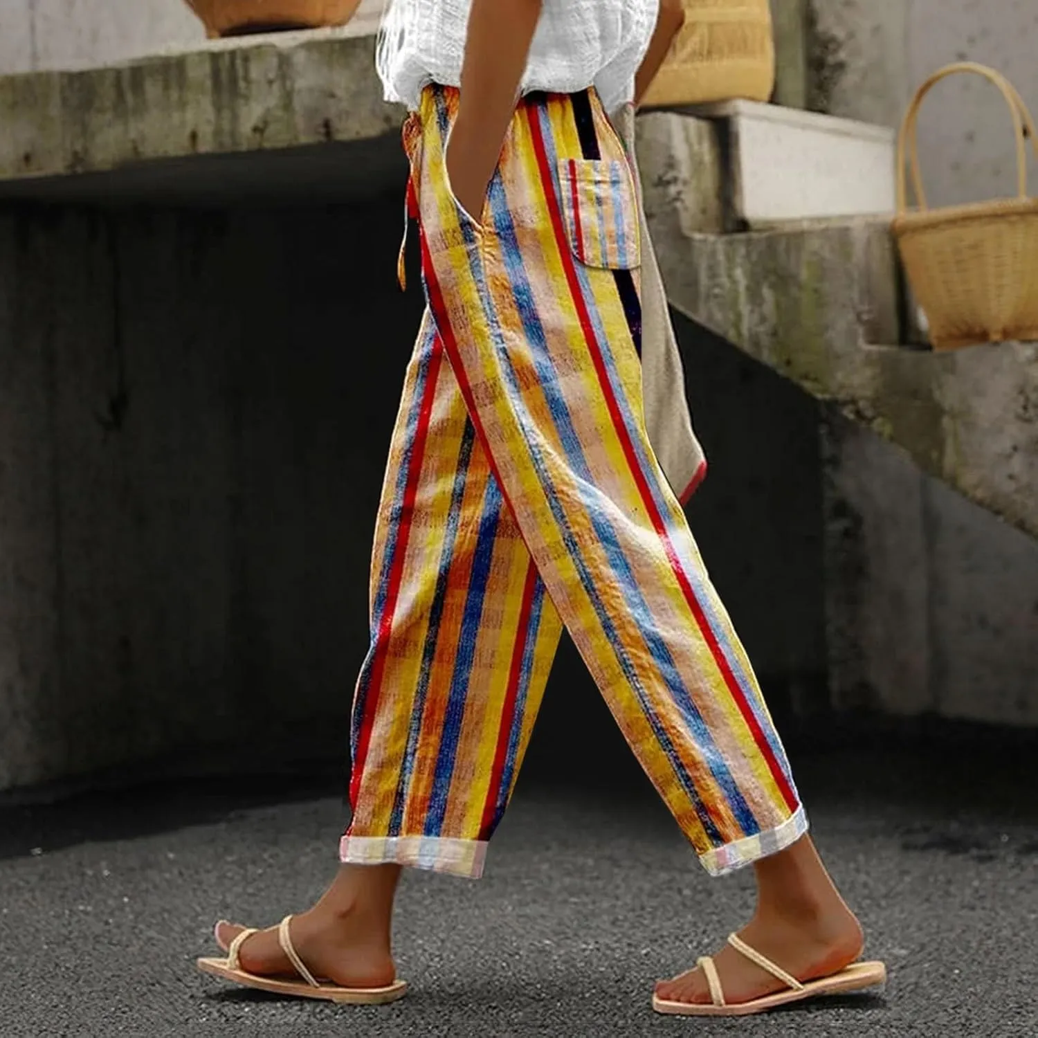 Capri Pants for Women 2025 Elastic Waist Linen with Pockets Cropped Wide-Leg Trousers Casual Beach Summer
