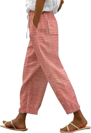 Capri Pants for Women 2025 Elastic Waist Linen with Pockets Cropped Wide-Leg Trousers Casual Beach Summer