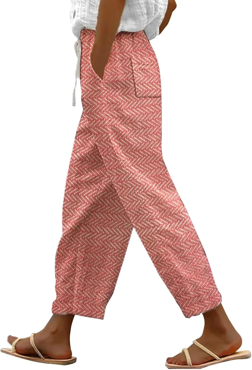 Capri Pants for Women 2025 Elastic Waist Linen with Pockets Cropped Wide-Leg Trousers Casual Beach Summer