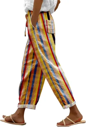 Capri Pants for Women 2025 Elastic Waist Linen with Pockets Cropped Wide-Leg Trousers Casual Beach Summer