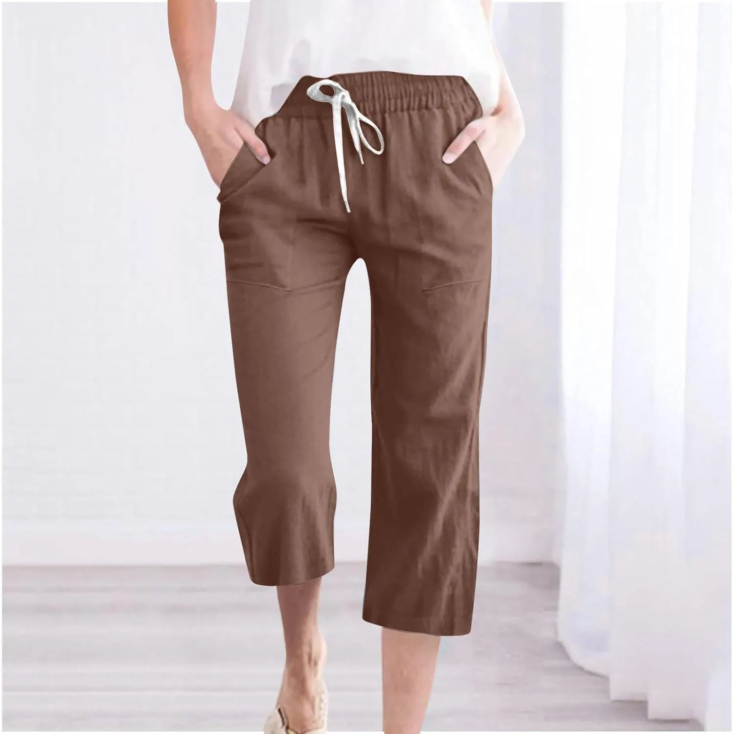 Capri Pants for Women Casual Summer Drawstring Capris Linen Pants Pockets Beach Straight Wide Leg Cropped Trousers