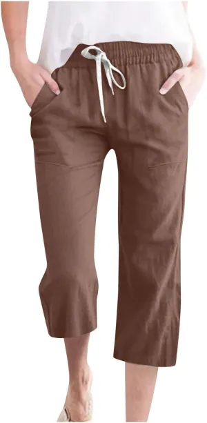 Capri Pants for Women Casual Summer Drawstring Capris Linen Pants Pockets Beach Straight Wide Leg Cropped Trousers
