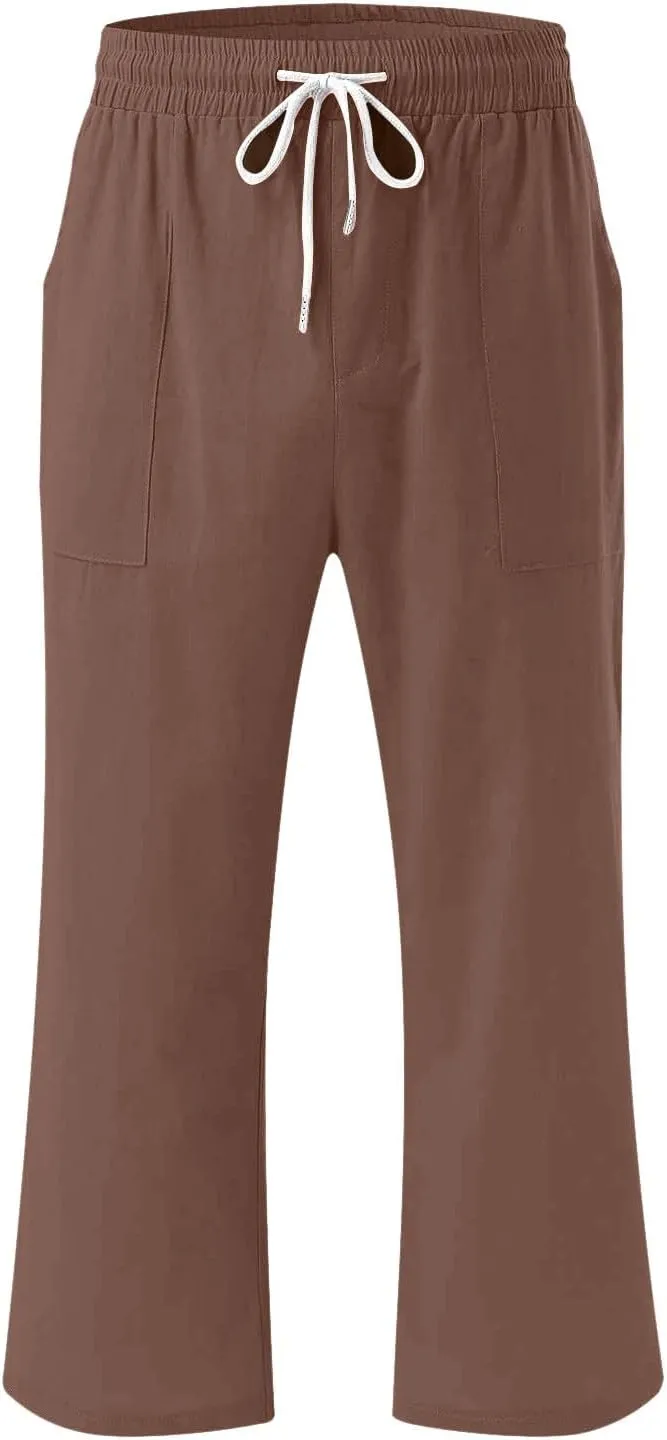 Capri Pants for Women Casual Summer Drawstring Capris Linen Pants Pockets Beach Straight Wide Leg Cropped Trousers