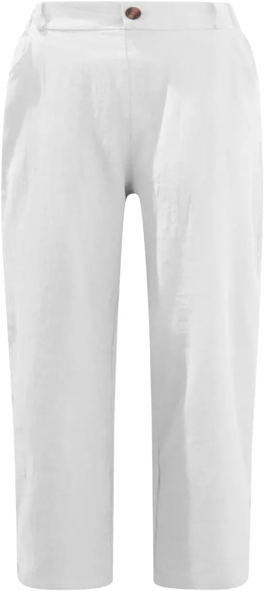 Capri Pants for Women Casual Summer Straight Elastic Waist Trousers Button Up Cotton Linen Cropped Comfy Beach Pants