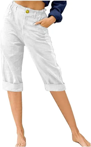 Capri Pants for Women Casual Summer Straight Elastic Waist Trousers Button Up Cotton Linen Cropped Comfy Beach Pants