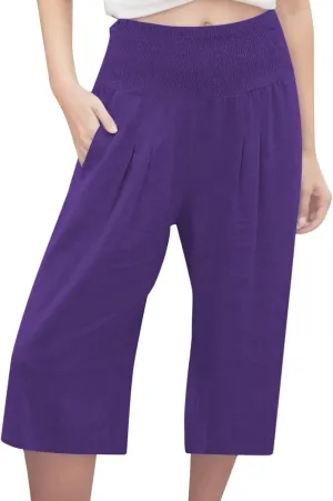 Capri Pants for Women Wide Leg Linen Palazzo Trousers Pull On Smock Elastic Waist Shorts Summer Flowy Beach Pants