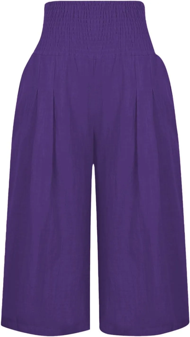 Capri Pants for Women Wide Leg Linen Palazzo Trousers Pull On Smock Elastic Waist Shorts Summer Flowy Beach Pants
