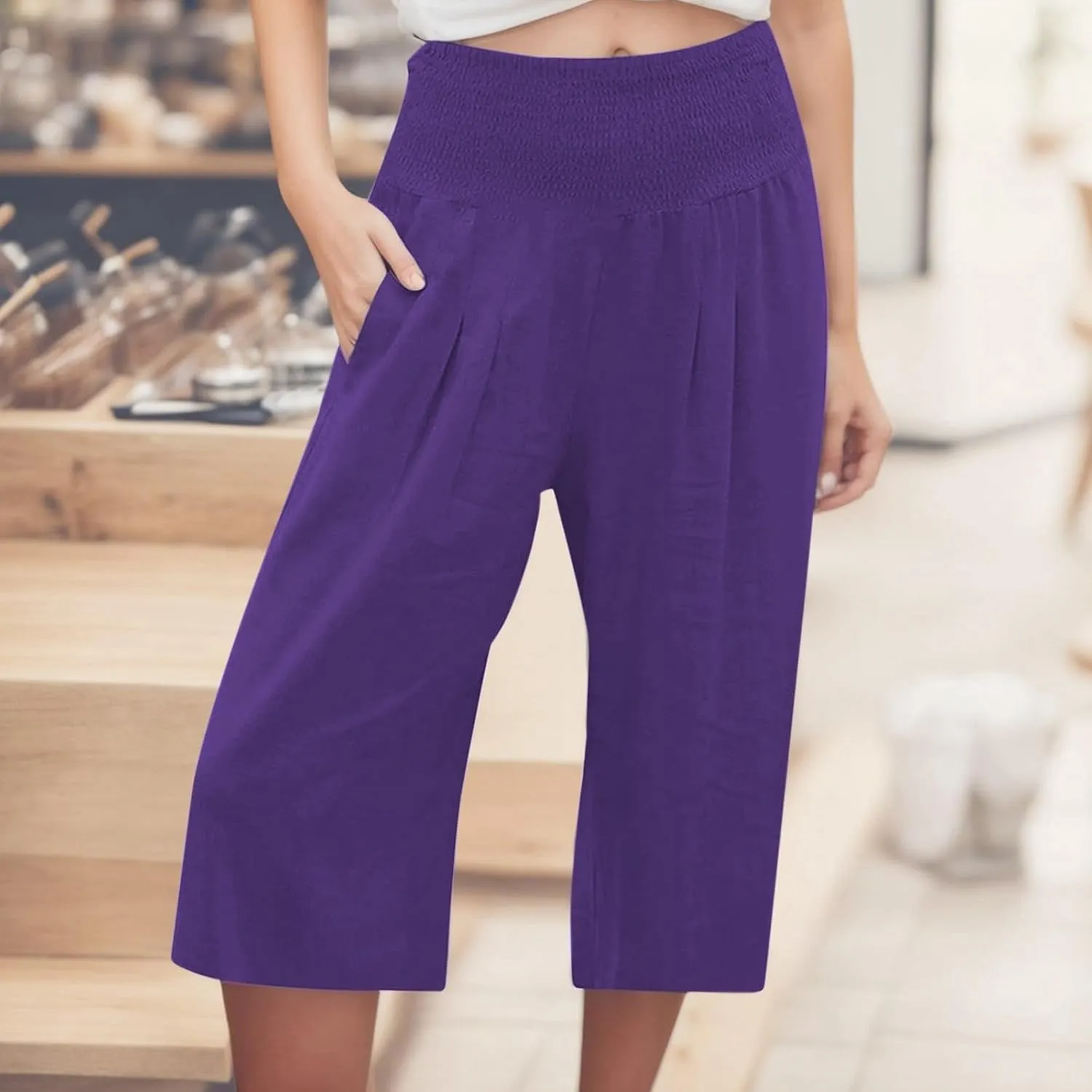Capri Pants for Women Wide Leg Linen Palazzo Trousers Pull On Smock Elastic Waist Shorts Summer Flowy Beach Pants