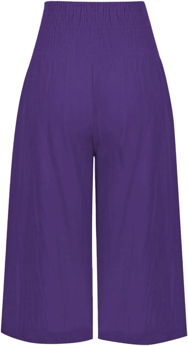 Capri Pants for Women Wide Leg Linen Palazzo Trousers Pull On Smock Elastic Waist Shorts Summer Flowy Beach Pants