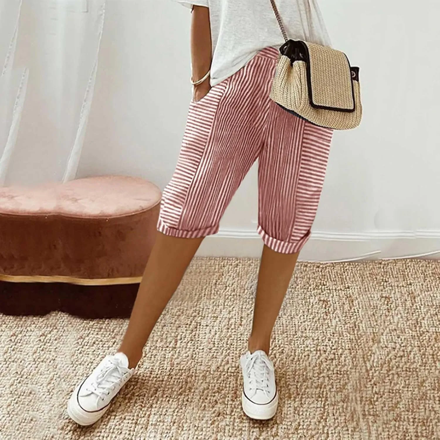 Capris With Pockets For Women Cotton Linen Knee Length Bermuda Shorts Summer Vacation Drawstring Cropped Trousers