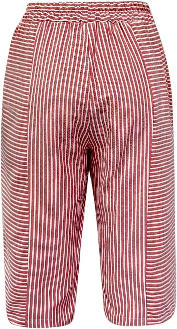 Capris With Pockets For Women Cotton Linen Knee Length Bermuda Shorts Summer Vacation Drawstring Cropped Trousers