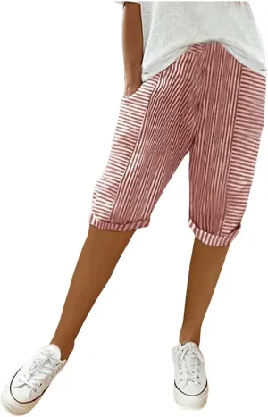 Capris With Pockets For Women Cotton Linen Knee Length Bermuda Shorts Summer Vacation Drawstring Cropped Trousers