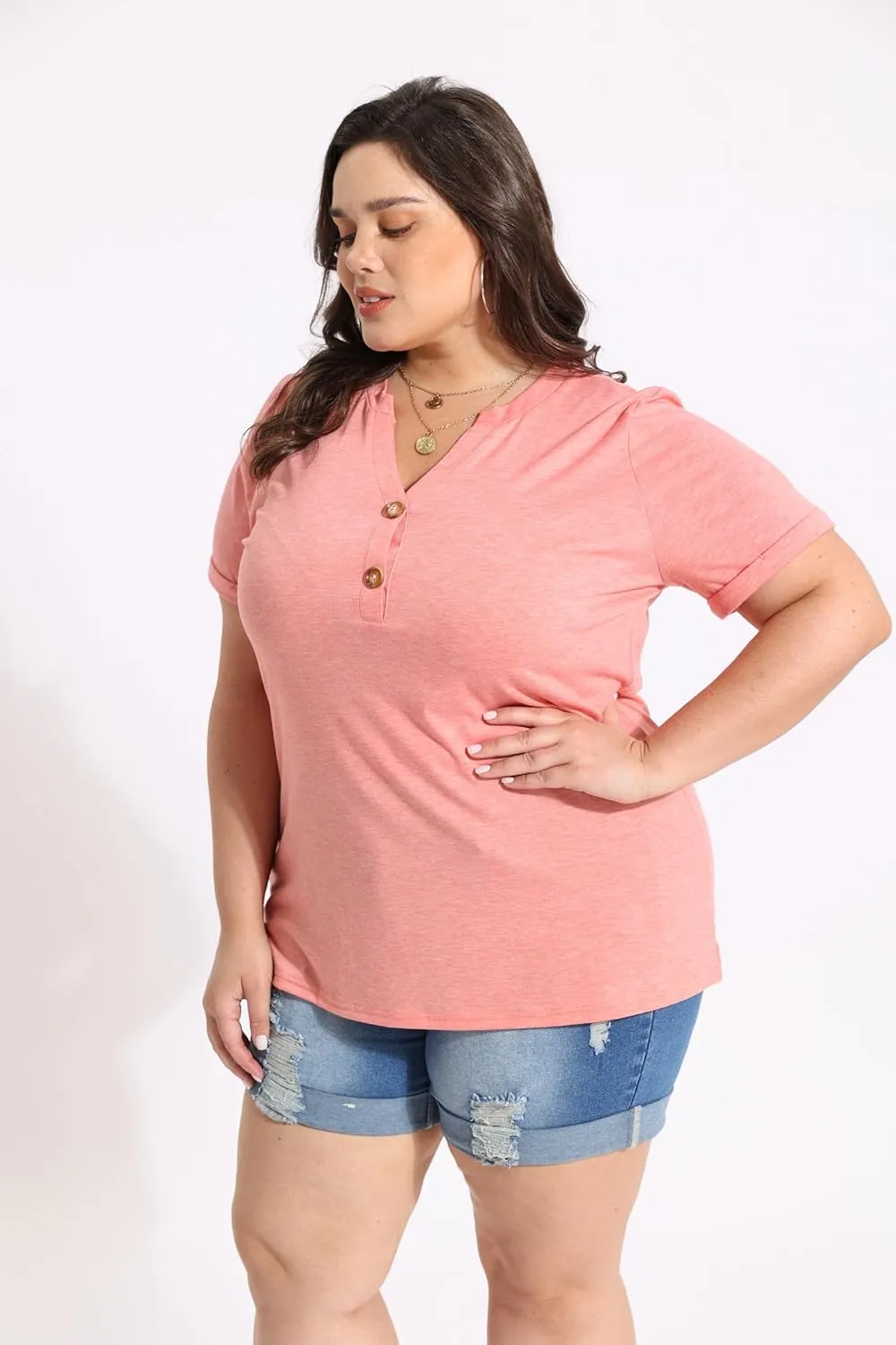 CARCOS Womens Plus Size Tops Puff Short Sleeve V Neck Shirts Solid/Floral Summer Tshirt Casual Blouse Loose fit Tunics XL-5XL