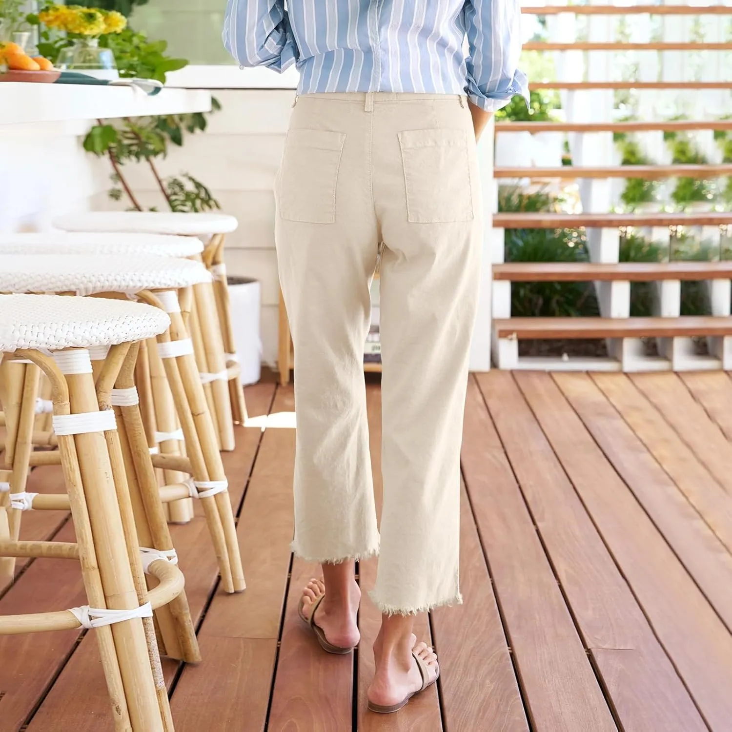 Cargo Pants Women Button Loose Summer Capri Pants for Women Stretch Petite Short Womens Capris Linen Cotton