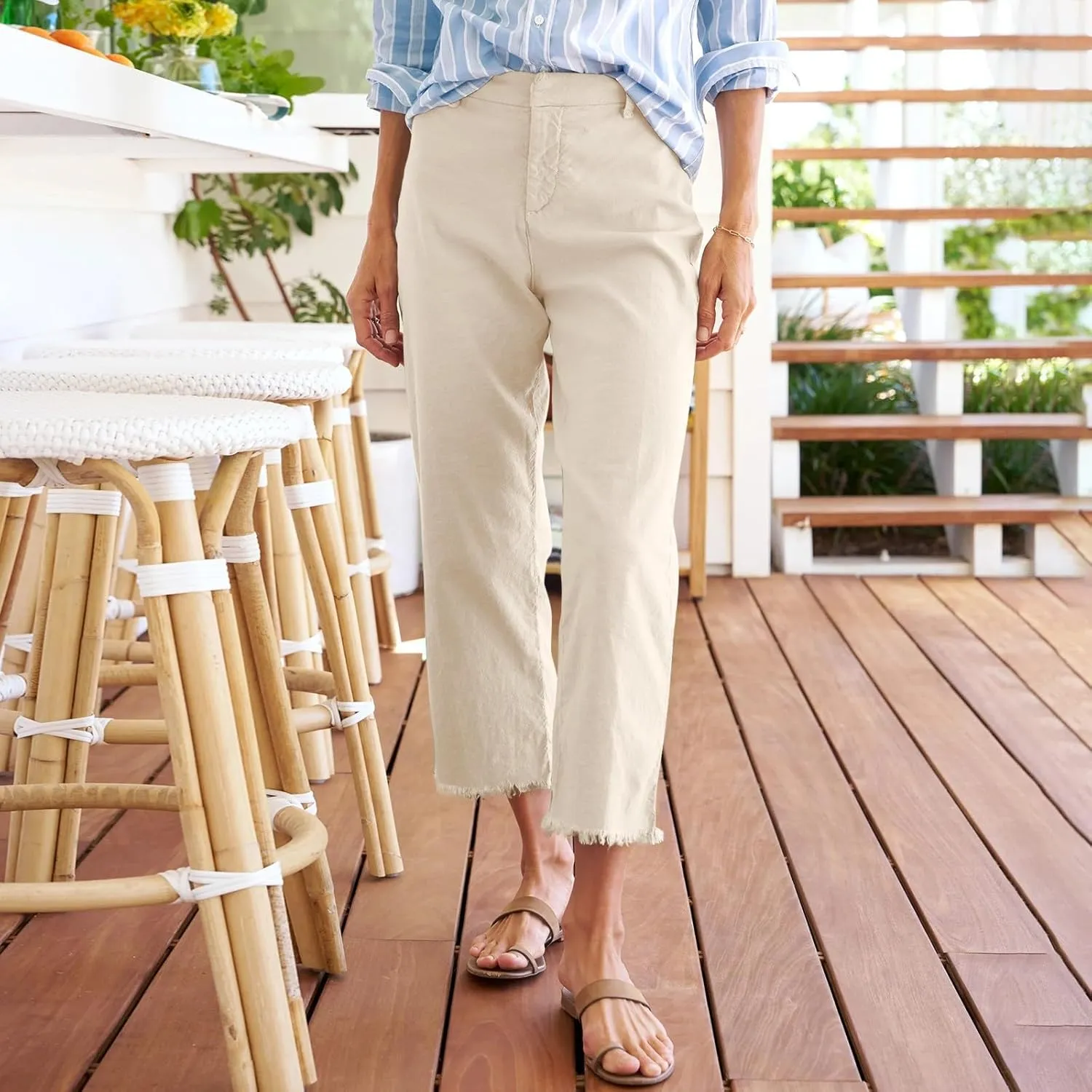 Cargo Pants Women Button Loose Summer Capri Pants for Women Stretch Petite Short Womens Capris Linen Cotton