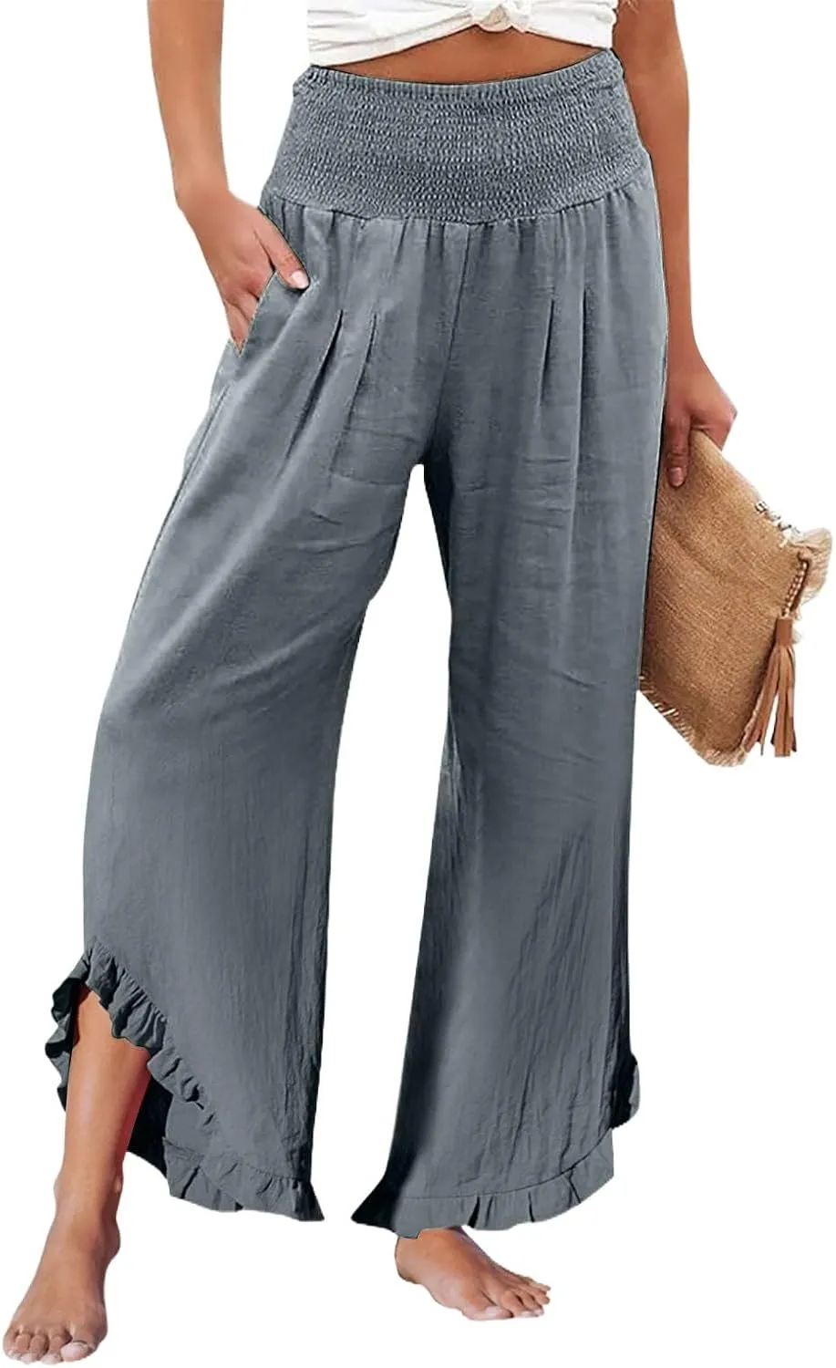 Cargo Pants Women,Womens Capris with Pockets Elastic High Waisted Linen Wide Leg Summer Pants for Women Trendy 2025