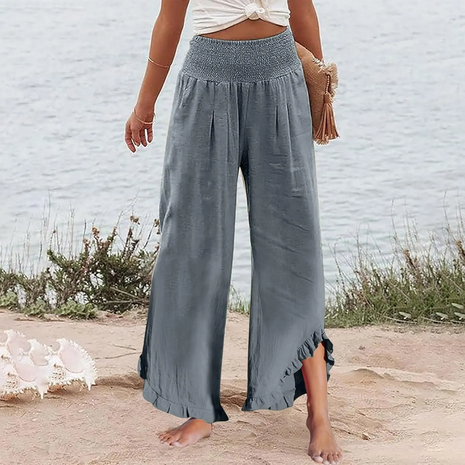 Cargo Pants Women,Womens Capris with Pockets Elastic High Waisted Linen Wide Leg Summer Pants for Women Trendy 2025