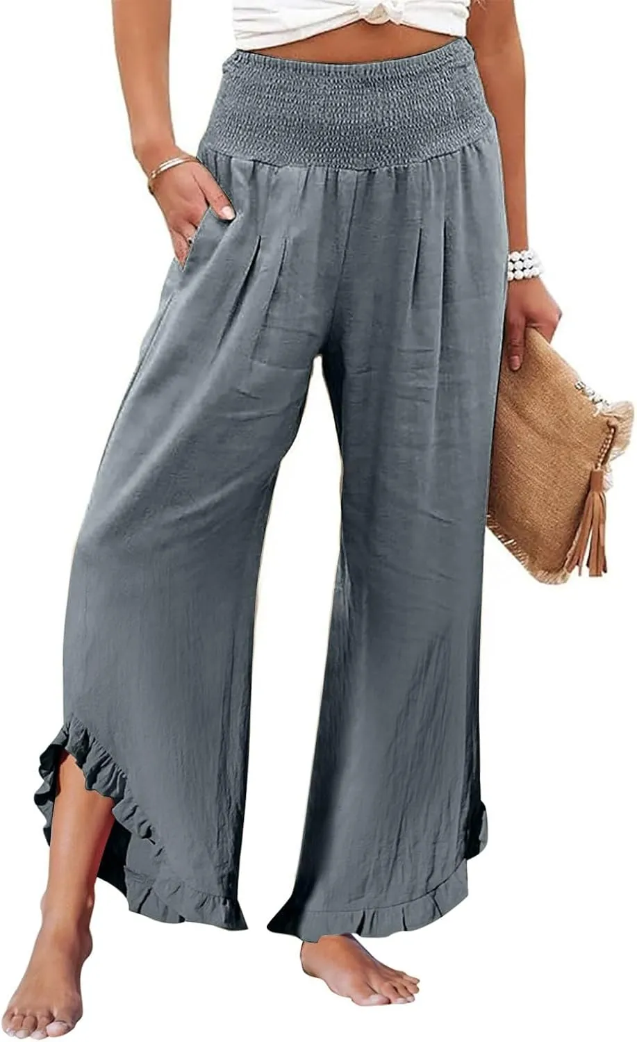 Cargo Pants Women,Womens Capris with Pockets Elastic High Waisted Linen Wide Leg Summer Pants for Women Trendy 2025