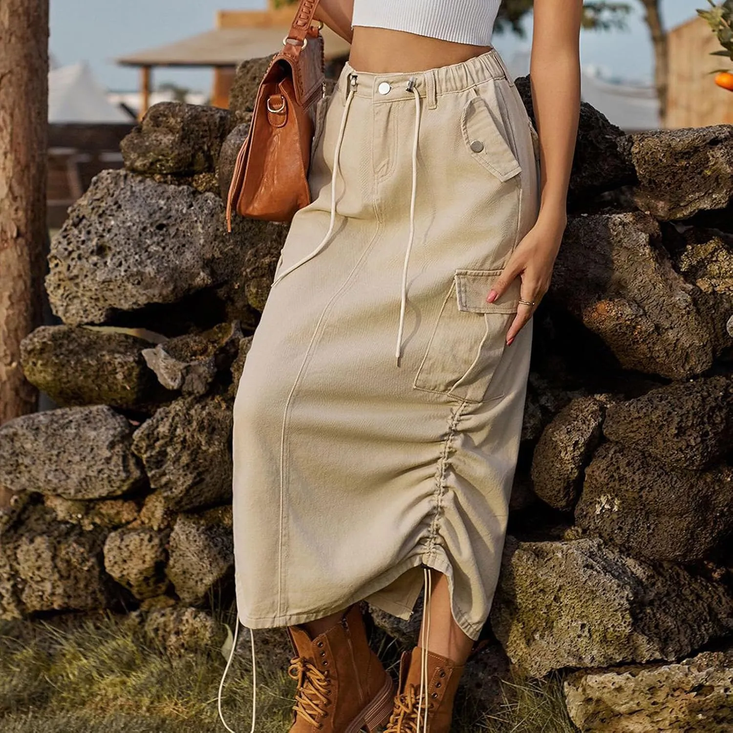 Cargo Skirts for Women Casual Solid Denim Long Skirts Fashion Drawstring Stretch Waist Jean Maxi Skirt with Pockets