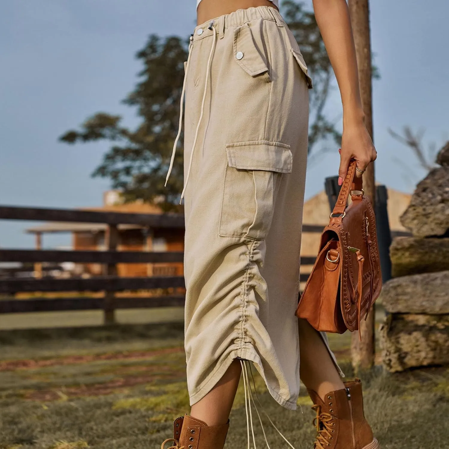 Cargo Skirts for Women Casual Solid Denim Long Skirts Fashion Drawstring Stretch Waist Jean Maxi Skirt with Pockets