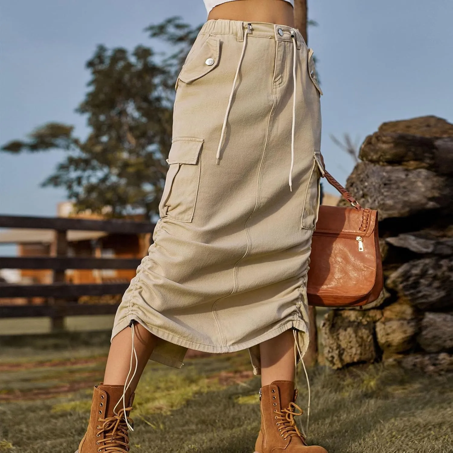 Cargo Skirts for Women Casual Solid Denim Long Skirts Fashion Drawstring Stretch Waist Jean Maxi Skirt with Pockets