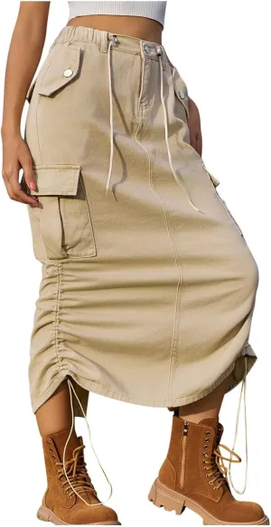 Cargo Skirts for Women Casual Solid Denim Long Skirts Fashion Drawstring Stretch Waist Jean Maxi Skirt with Pockets