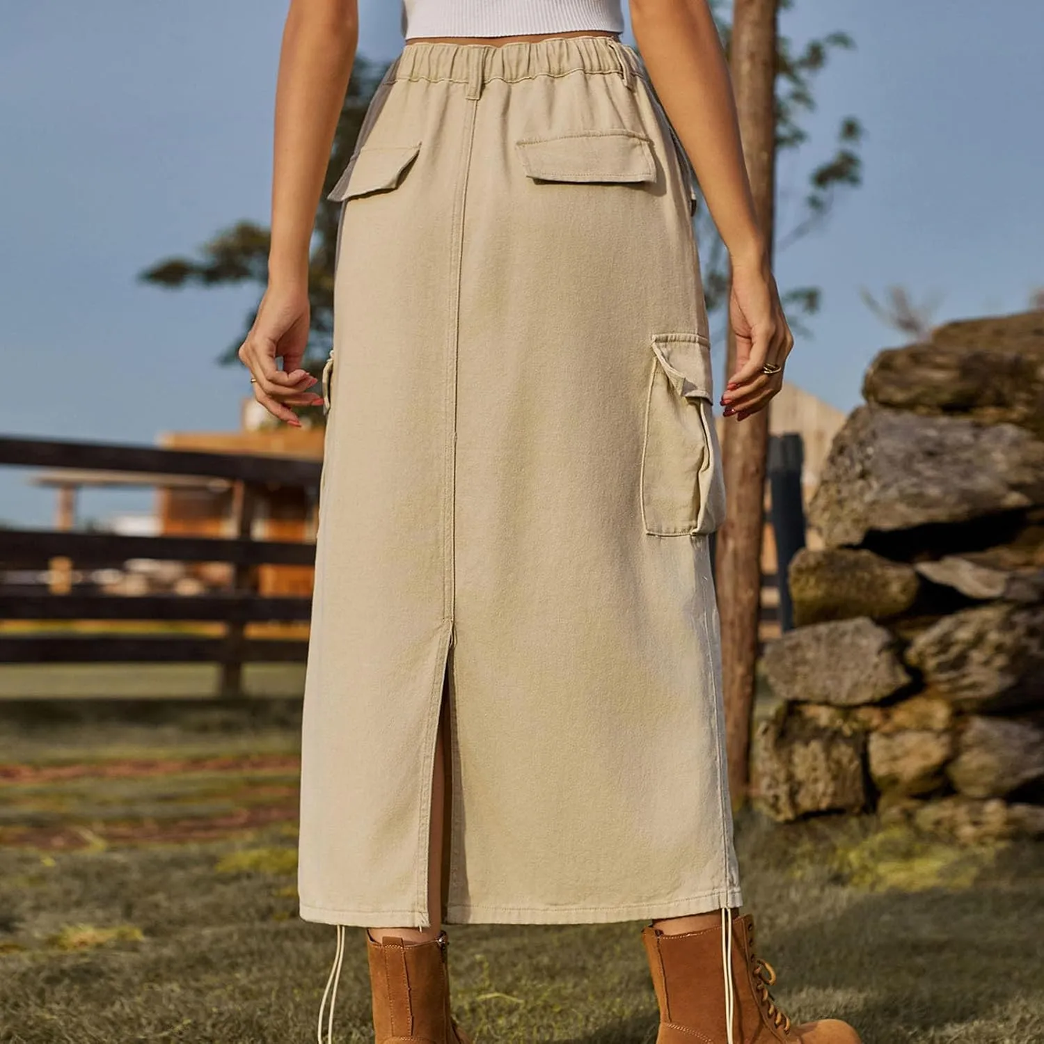 Cargo Skirts for Women Casual Solid Denim Long Skirts Fashion Drawstring Stretch Waist Jean Maxi Skirt with Pockets