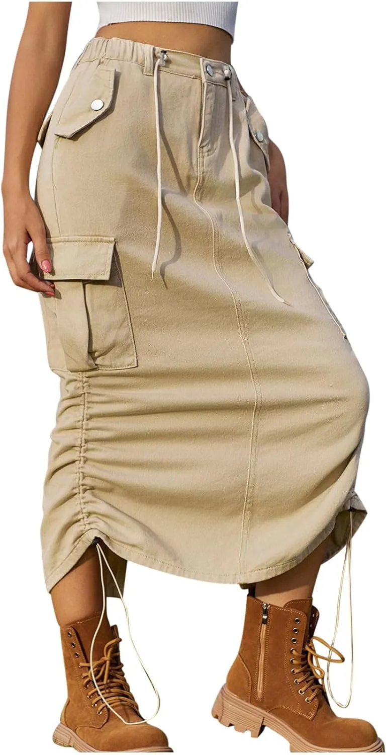 Cargo Skirts for Women Casual Solid Denim Long Skirts Fashion Drawstring Stretch Waist Jean Maxi Skirt with Pockets
