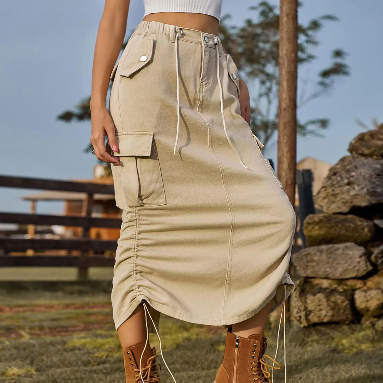 Cargo Skirts for Women Casual Solid Denim Long Skirts Fashion Drawstring Stretch Waist Jean Maxi Skirt with Pockets