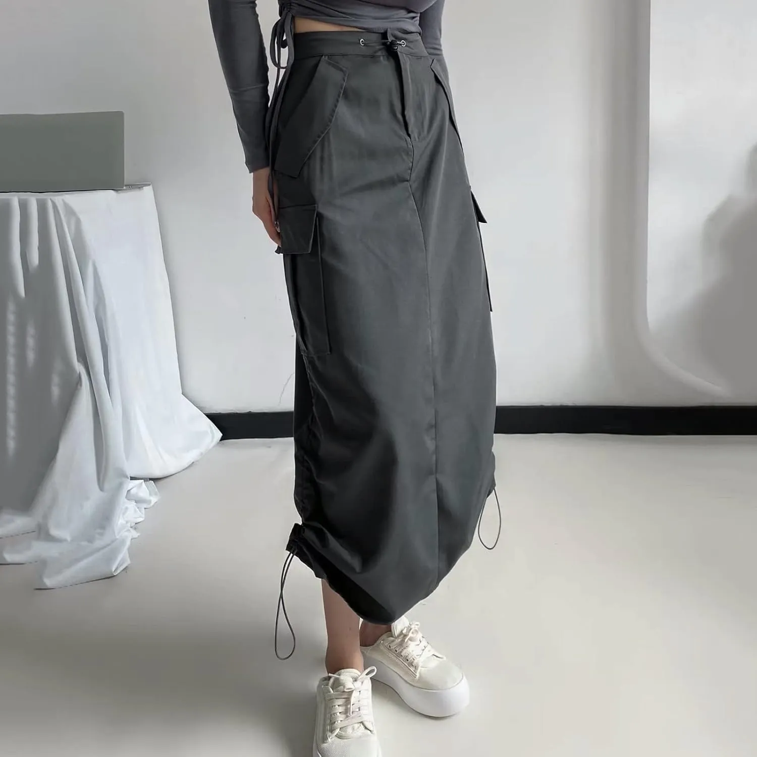 Cargo Skirts for Women Long Cargo Skirts for Women Maxi Skirt Drawstring Ruched Streetwear with Pockets Black