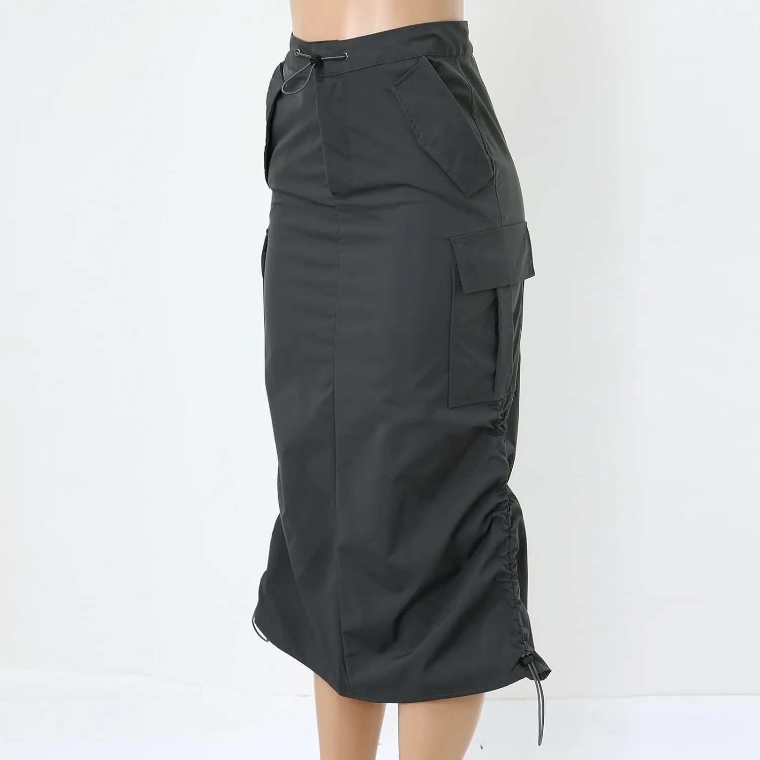 Cargo Skirts for Women Long Cargo Skirts for Women Maxi Skirt Drawstring Ruched Streetwear with Pockets Black