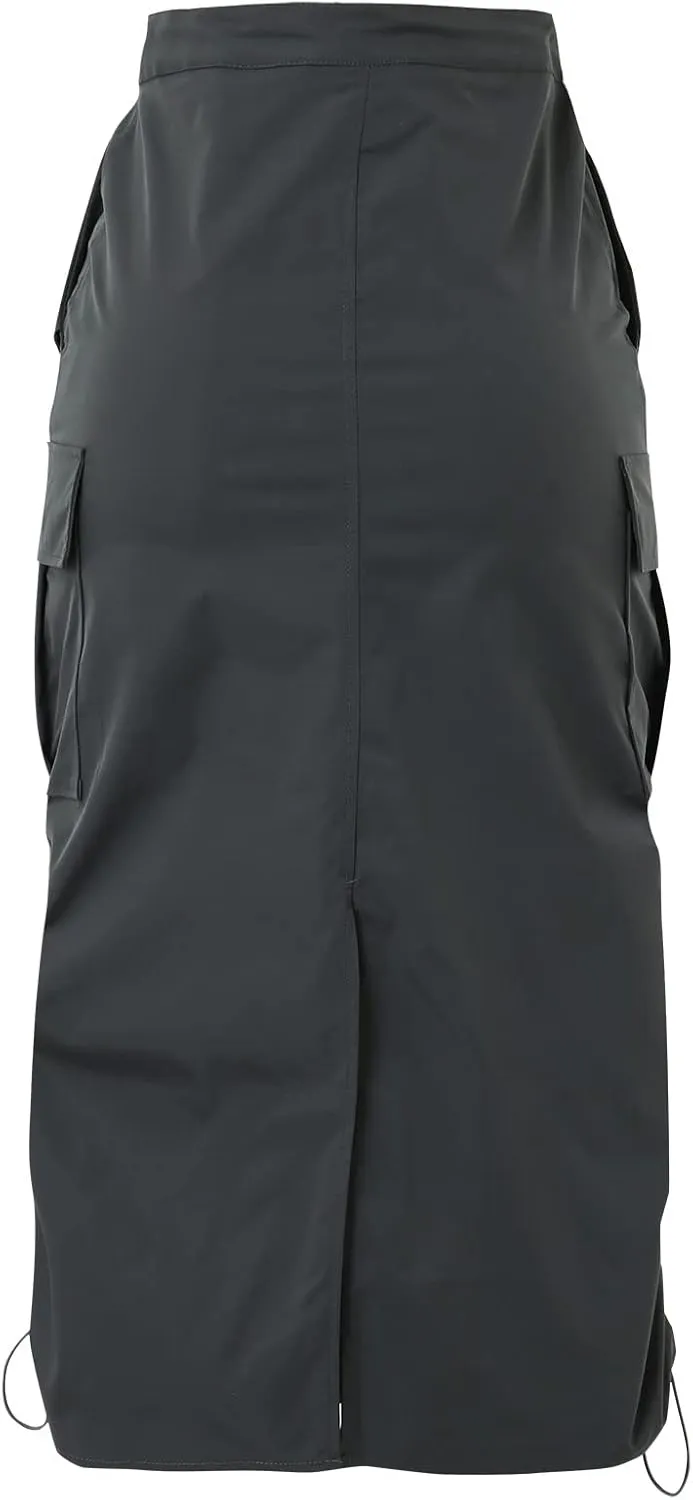 Cargo Skirts for Women Long Cargo Skirts for Women Maxi Skirt Drawstring Ruched Streetwear with Pockets Black