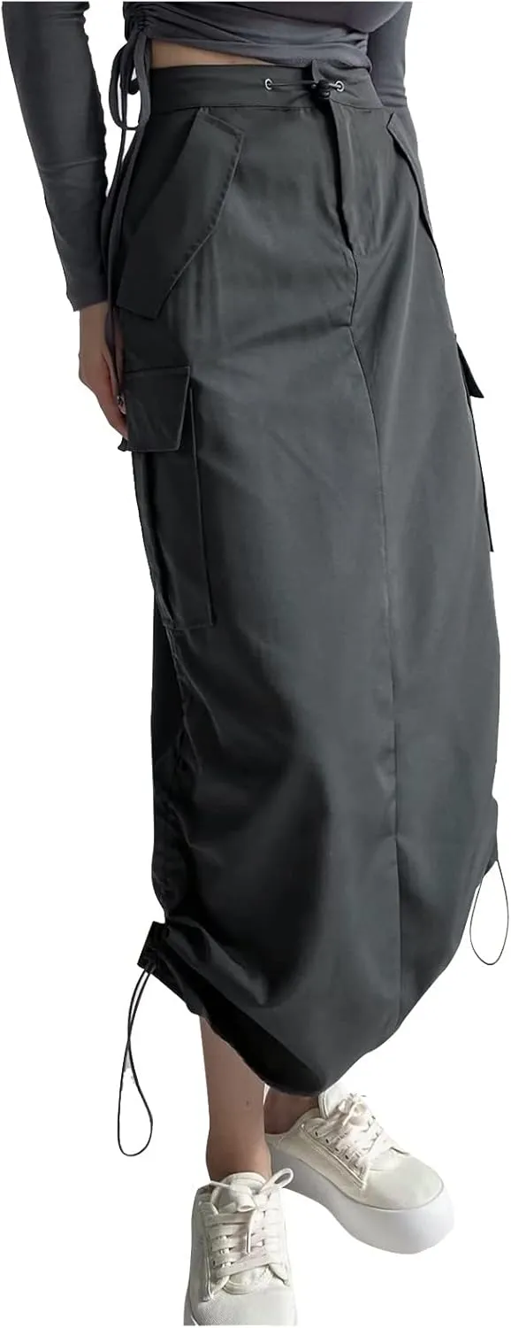 Cargo Skirts for Women Long Cargo Skirts for Women Maxi Skirt Drawstring Ruched Streetwear with Pockets Black