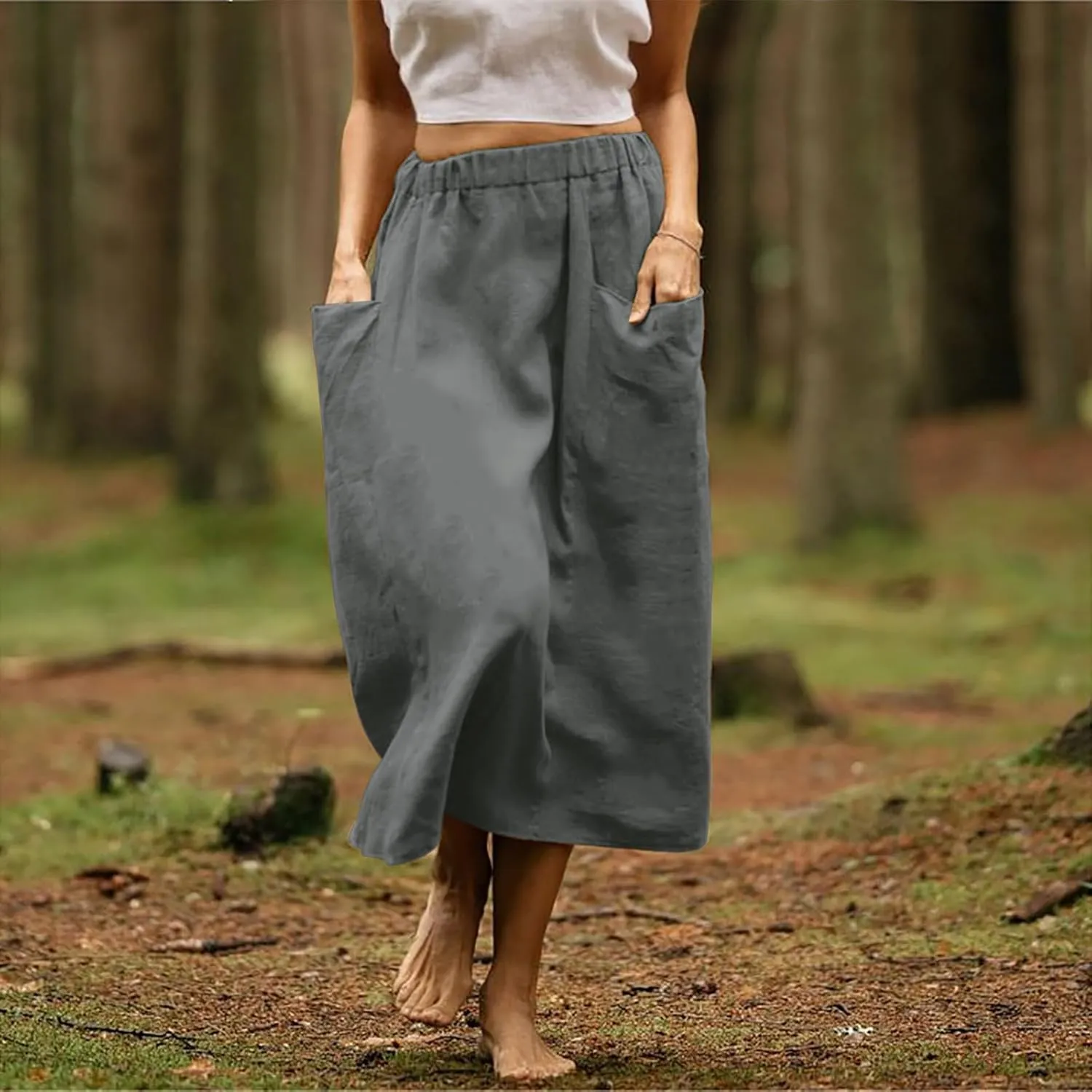 Casual A Line Midi Skirts for Women Elastic High Waisted Swing Flared Skirt Vintage Pleated Summer Dress