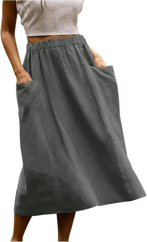 Casual A Line Midi Skirts for Women Elastic High Waisted Swing Flared Skirt Vintage Pleated Summer Dress