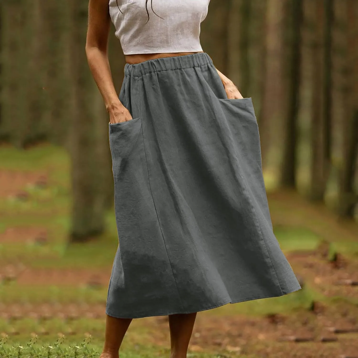 Casual A Line Midi Skirts for Women Elastic High Waisted Swing Flared Skirt Vintage Pleated Summer Dress