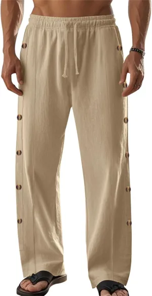 Casual Linen Pants for Men Side Button Elastic Waist Trousers Drawstring Open Bottom Pants Summer Baggy Thin Trousers