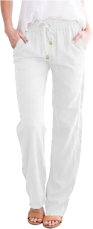 Casual Linen Pants Women Drawstring Elastic Waist Wide Leg Pants Summer Loose Travel Lounge Trousers with Pockets