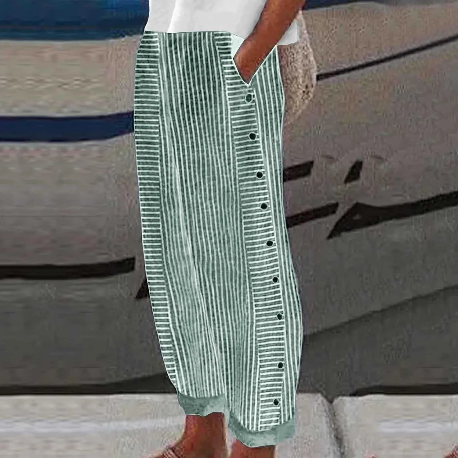 Casual Pants for Women Striped Print Side Button Pants Summer Trendy Elastic Waist Straight Leg Trousers with Pockets