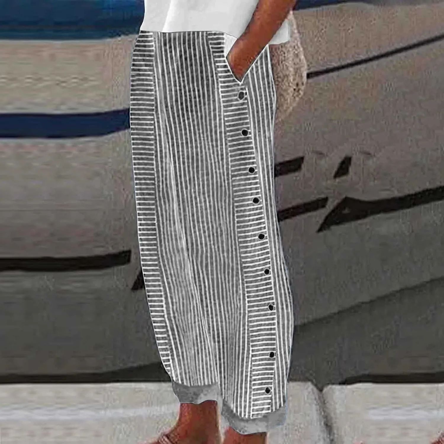 Casual Pants for Women Striped Print Side Button Pants Summer Trendy Elastic Waist Straight Leg Trousers with Pockets