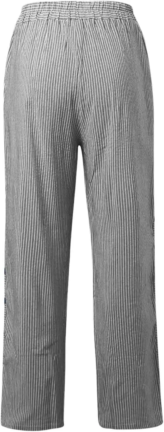 Casual Pants for Women Striped Print Side Button Pants Summer Trendy Elastic Waist Straight Leg Trousers with Pockets