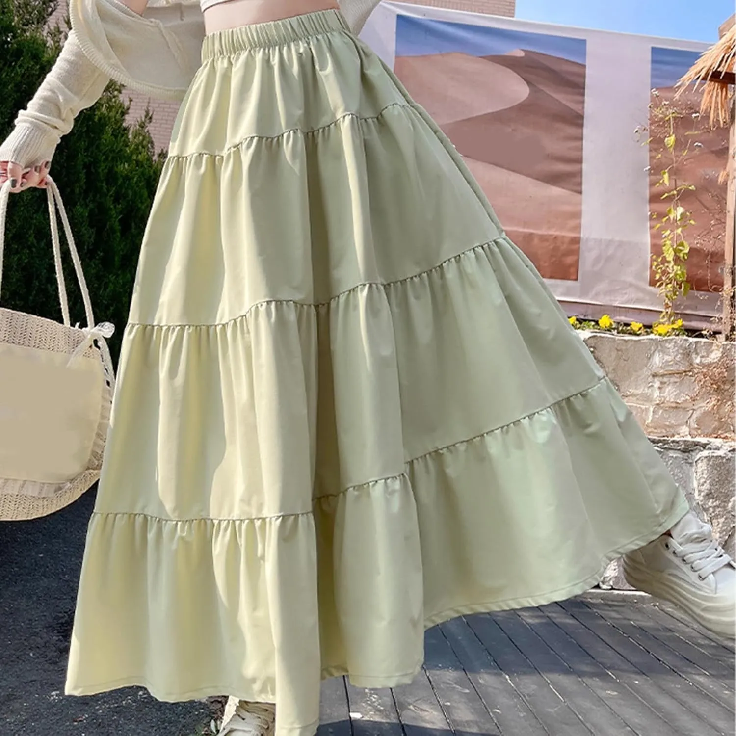 Casual Tiered Maxi Skirts for Women Cute Elastic High Waist Pleated Long Skirt Comfy A Linen Summer Dress