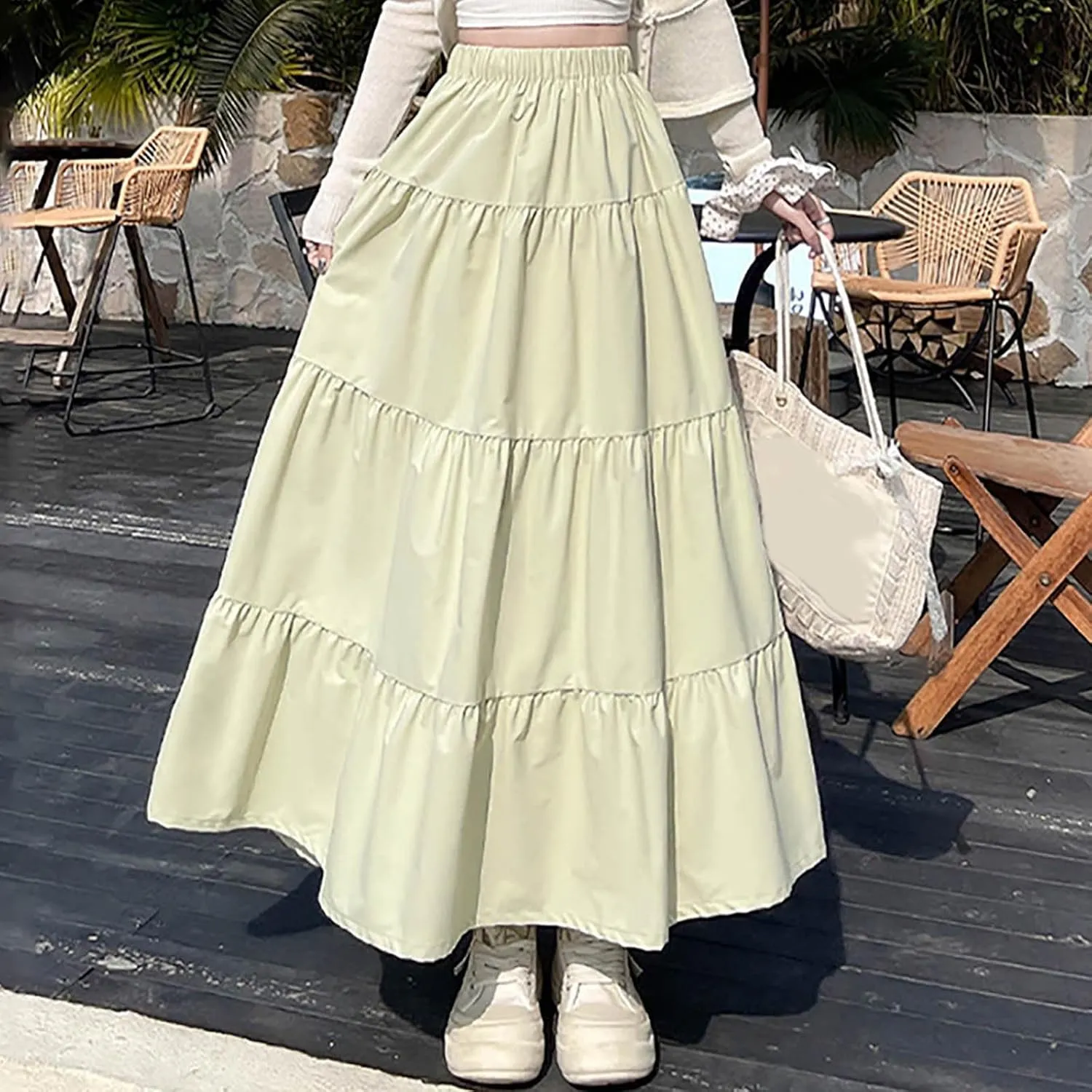 Casual Tiered Maxi Skirts for Women Cute Elastic High Waist Pleated Long Skirt Comfy A Linen Summer Dress