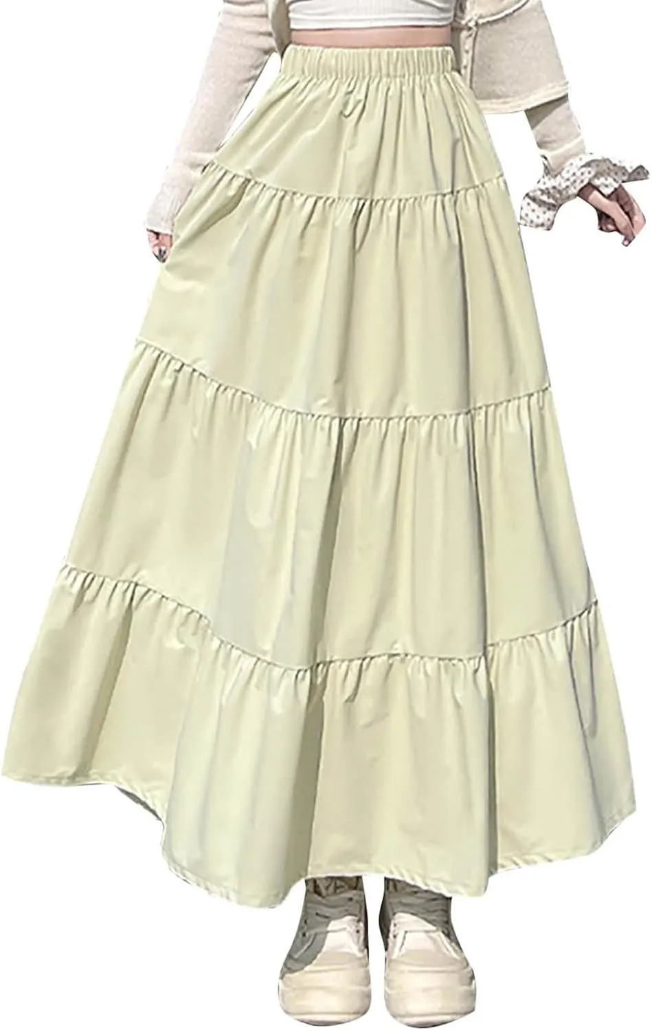 Casual Tiered Maxi Skirts for Women Cute Elastic High Waist Pleated Long Skirt Comfy A Linen Summer Dress