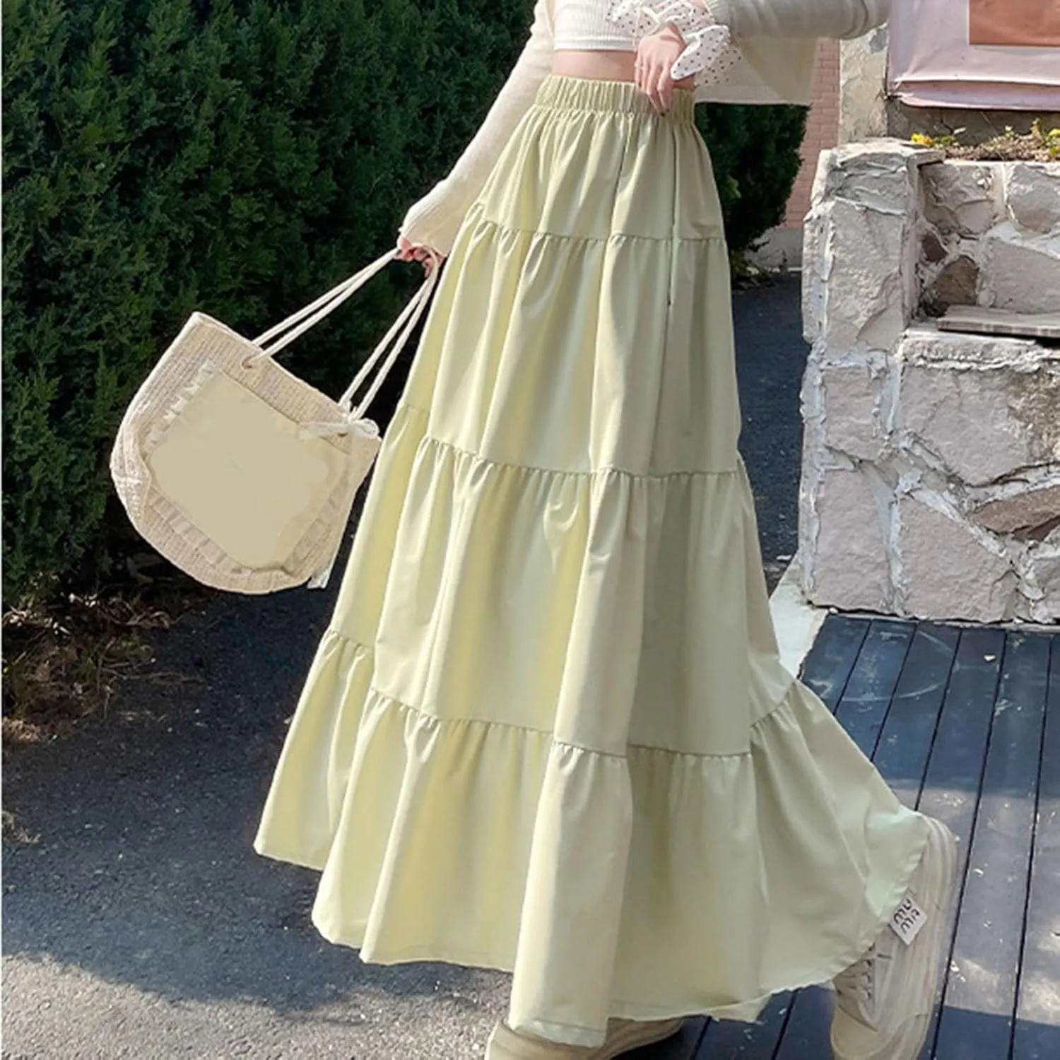 Casual Tiered Maxi Skirts for Women Cute Elastic High Waist Pleated Long Skirt Comfy A Linen Summer Dress