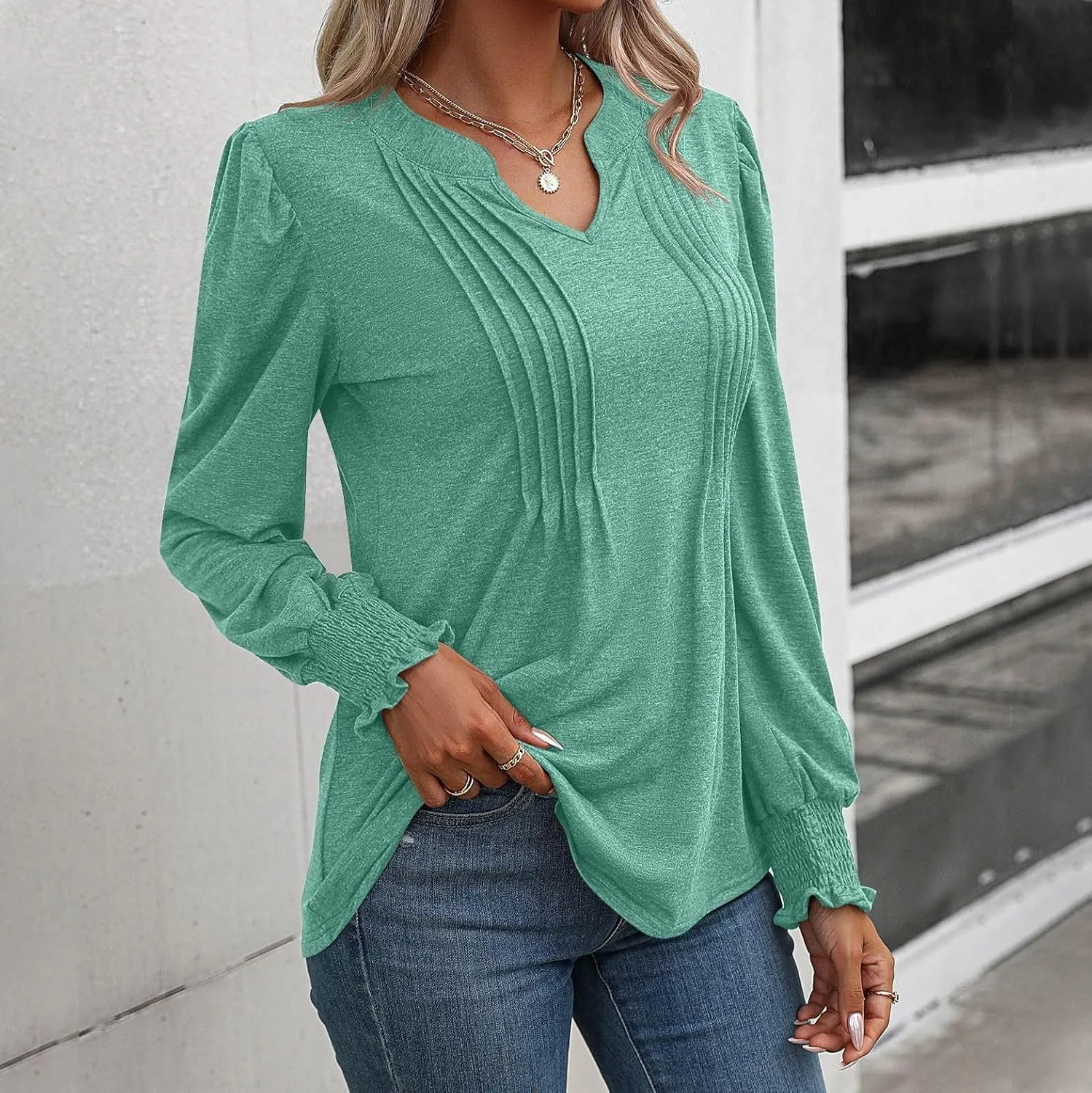 Casual Tunic Tops Women's Loose V Neck Ruffle Long Lantern Sleeve Blouse Solid Color Front Pleated Tee Shirt Fall